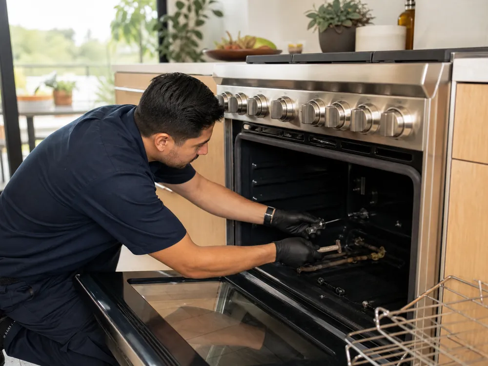Technician replacing an oven igniter in a stainless steel gas range