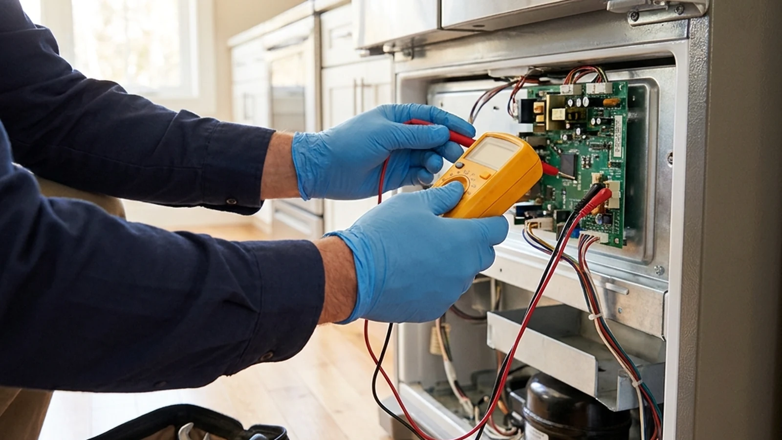 Appliance technician testing a control board with a multimeter, compressor visible below