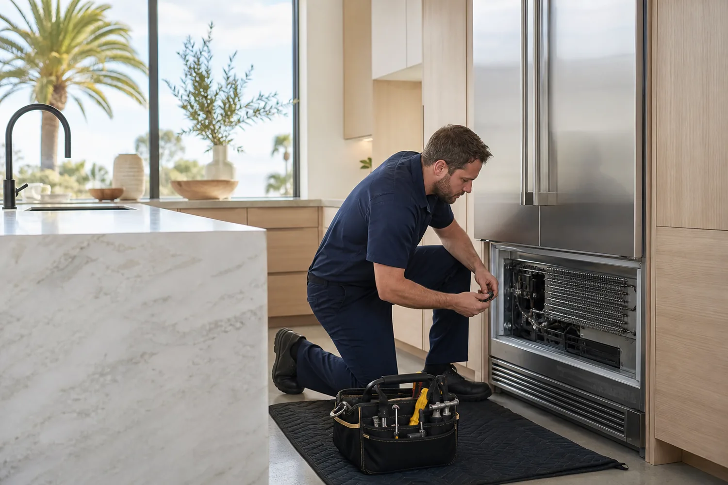 Appliance technician servicing a built-in stainless steel refrigerator in a bright modern California kitchen