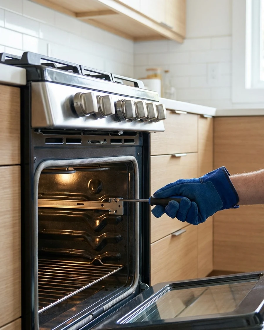 Technician servicing an open stainless steel gas range and oven