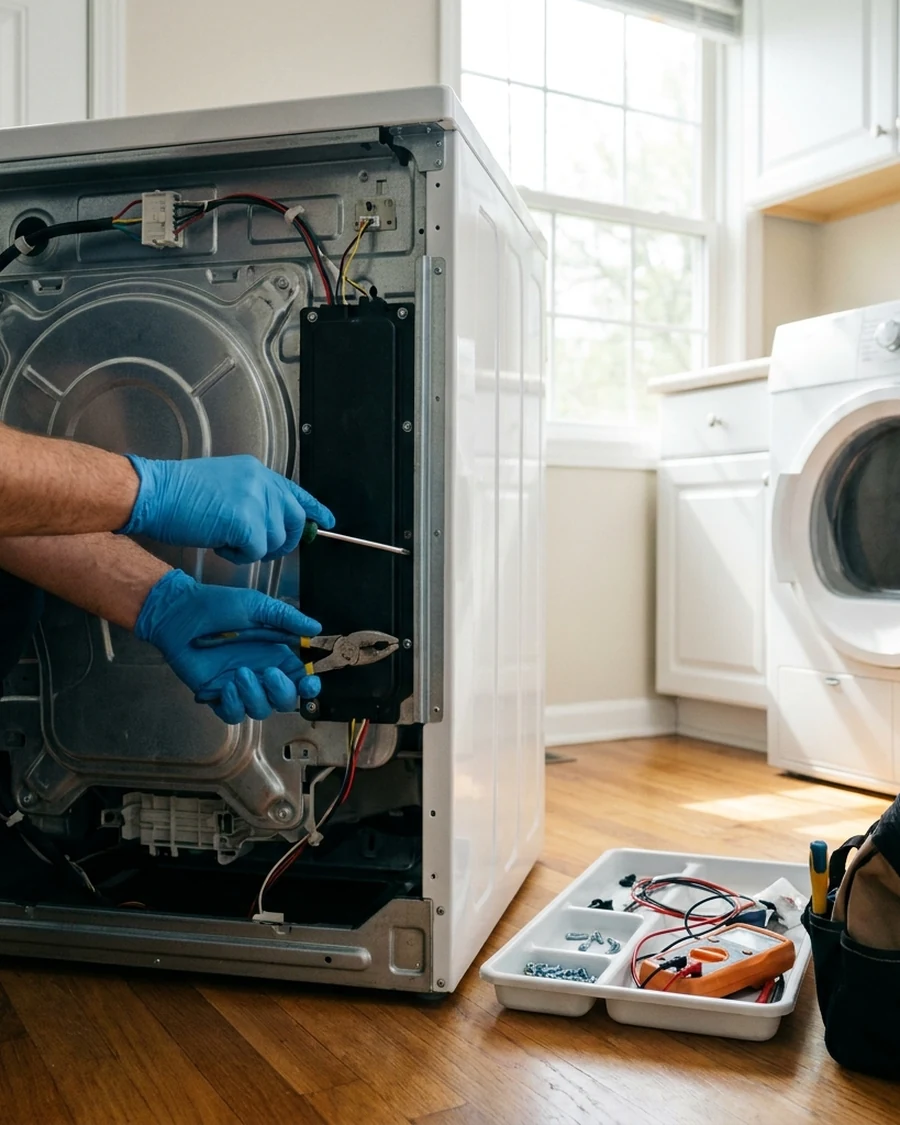 Technician repairing the back panel of a front-load washing machine