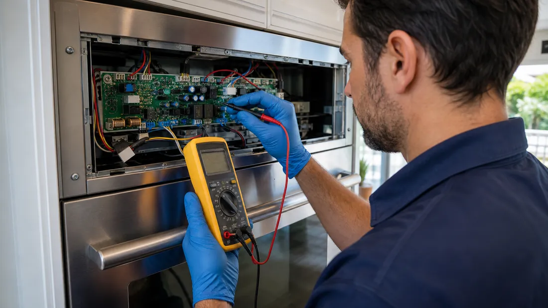 Technician testing an oven control board with a digital multimeter