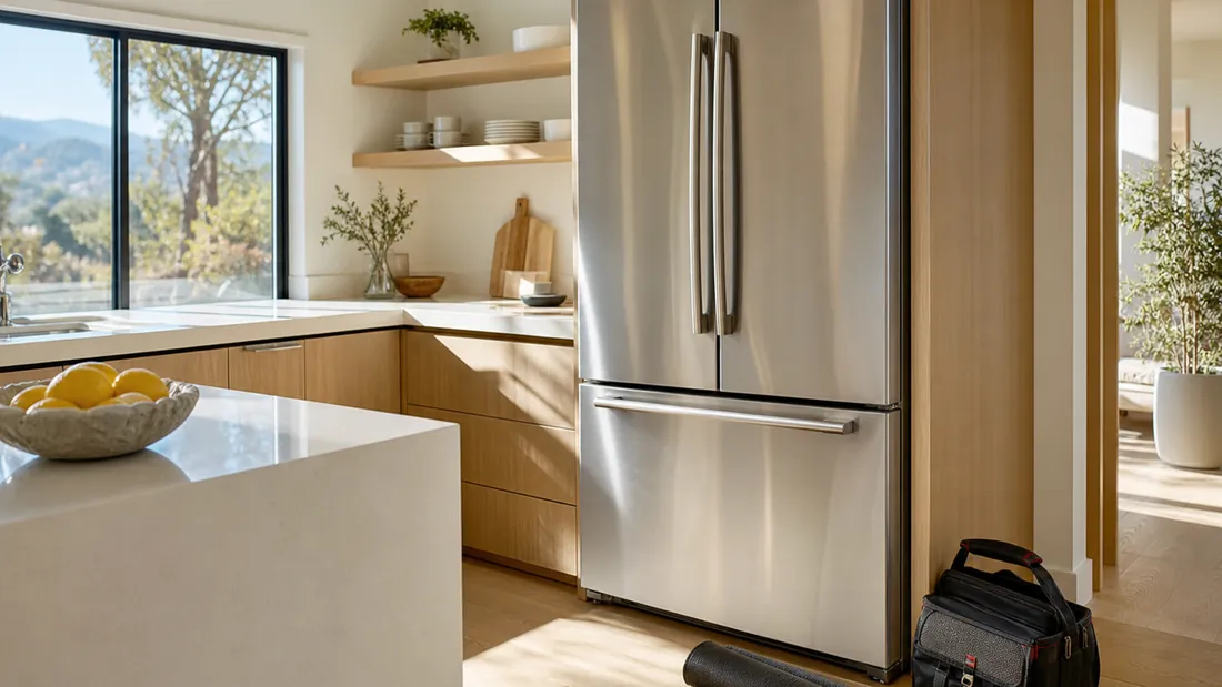 Clean modern California kitchen with a working stainless steel refrigerator after a repair